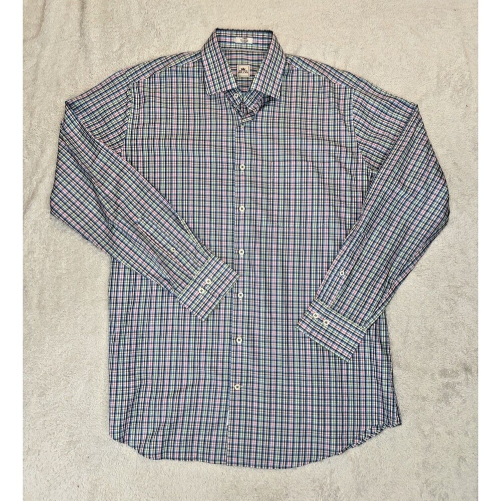 Peter Millar Crown Mens Button Front Shirt Size L Checked Plaid Long Sleeve Blue
